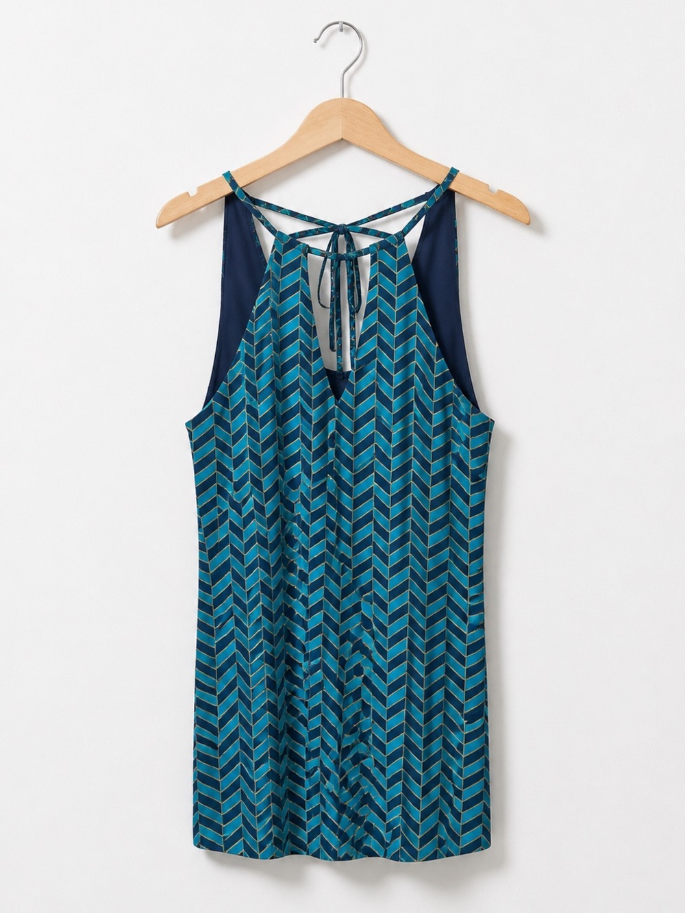 Beige by eci Navy, Teal, Gold Chevron Print Cutout Halter Bow Mini Shift Dress